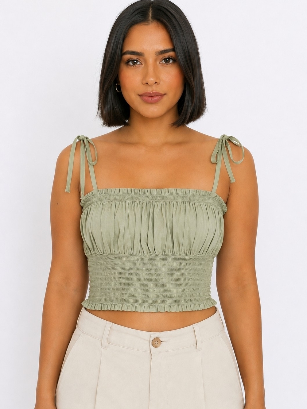 Danielle Bernstein Women's Sage Green Smocked Tie Strap Crop Top - Size S.